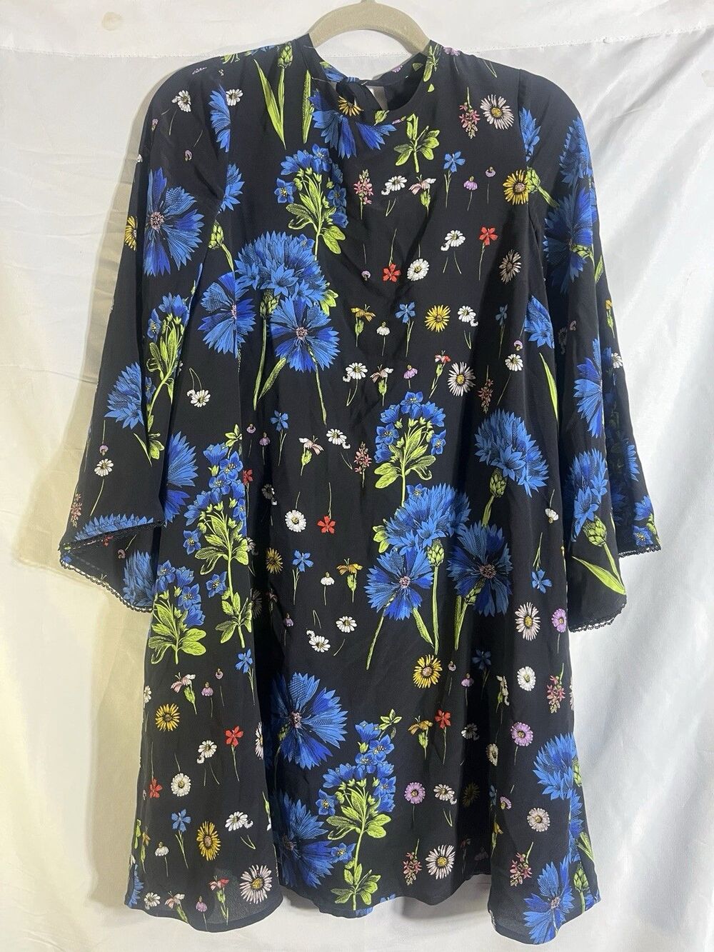 Anthro Maeve Lucinda‎ Silk Tunic XS Blk Floral Dress Bell Sleeve Boho Whimsigoth